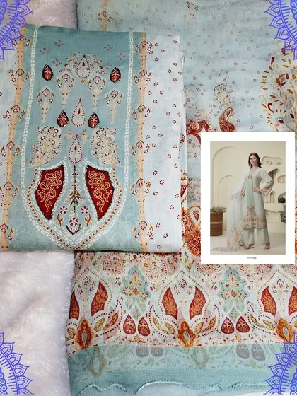 A lovely pastel blue dress material with a traditional digital print. The muslin fabric is lightweight and breathable, making it ideal for comfortable all-day wear.