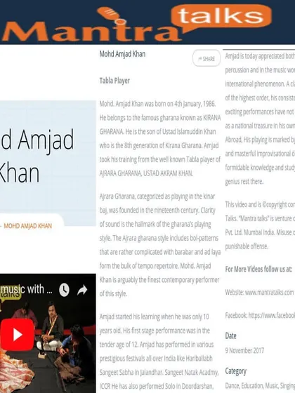 My artist profile featured on 'Mantra Talks'. The article provides a detailed biography, covering my training in the Kirana and Ajrara Gharanas and my journey as a professional tabla player.