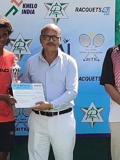 My academy's Chairperson, Mr. Balram Singh, presenting an award at the Under-14 & Under-16 Nationals at the DLTA complex, reflecting our deep involvement in Indian tennis.