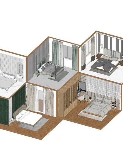 This isometric illustration presents five distinct bedroom concepts in a single view. It's a great way to visualize different approaches to layout, color, and style, from modern minimalist to cozy and chic.
