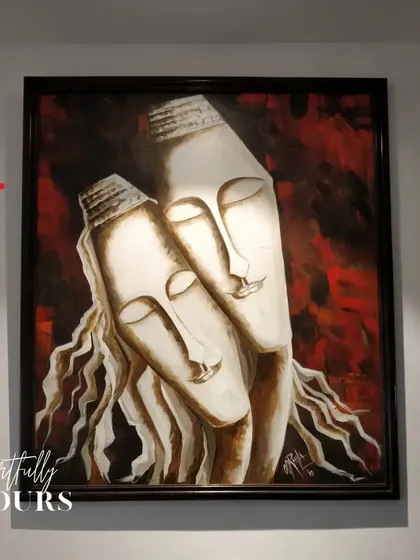 The right artwork tells the story of your home. This powerful, expressive painting becomes the focal point of the wall, highlighted by a single spotlight.