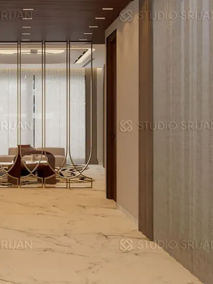 A glimpse into the Model Town drawing room, showing a decorative metal screen that provides a sense of separation while maintaining an open feel.