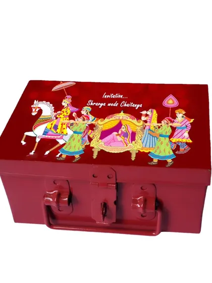 A personalized invitation hamper box for a beautiful beginning. This trunk, featuring a custom 'Shreya weds Chaitanya' artwork, is a unique way to invite guests to share in your joy.