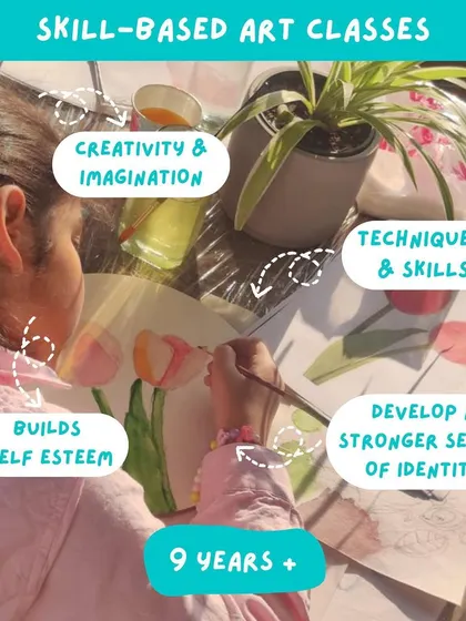 Information on our skill-based art classes for older children (9+), which focus on techniques, self-esteem, and developing a stronger sense of identity.