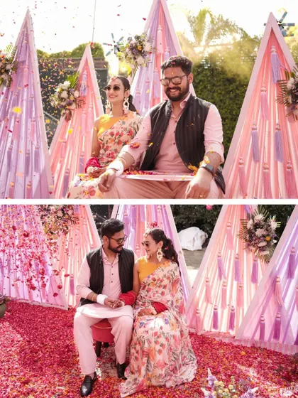 A collage showing the couple seated at their Haldi ceremony, being showered with flower petals by their loved ones. A moment of pure joy.