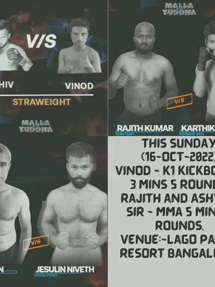 This graphic announces the participation of three of our core team members in the Malla Yuddha event. Master Ashwin and Coach Rajith competed in MMA, while Coach Vinod fought in K1 Kickboxing, showcasing our diverse expertise.