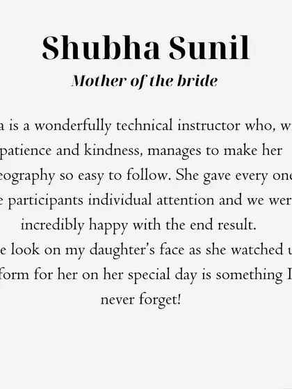 A duplicate of the lovely testimonial from the mother of the bride, Shubha Sunil.