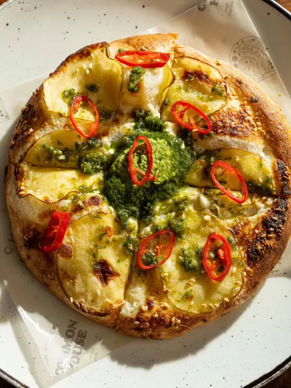A top-down shot of a potato and pesto pizza, with bright, direct lighting that makes the colors pop.