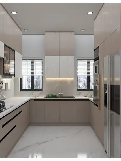 Another angle of the 3D kitchen render, focusing on the U-shaped layout and the ample natural light from the windows. The design balances aesthetics with practical considerations.