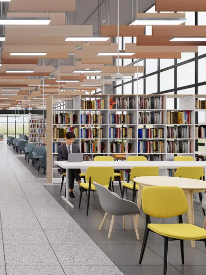 A library space designed with long communal tables and individual study carrels. The large windows and suspended lighting create a bright and focused environment for students.