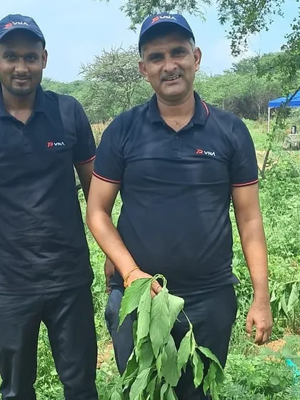 Volunteers from Padmini VNA hold up a leafy branch, showcasing the native species they are helping to restore in the Aravali Nagar Van.