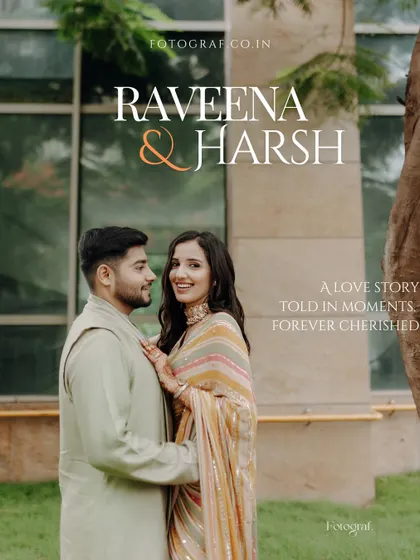 A stylish graphic announcing the Roka ceremony of Raveena and Harsh, featuring a beautiful portrait of the couple.