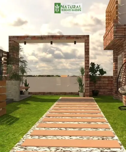 A proposed terrace layout in Shahdara, featuring a long pathway, a swing, and a bar area. This render shows how we can create a journey through different zones.