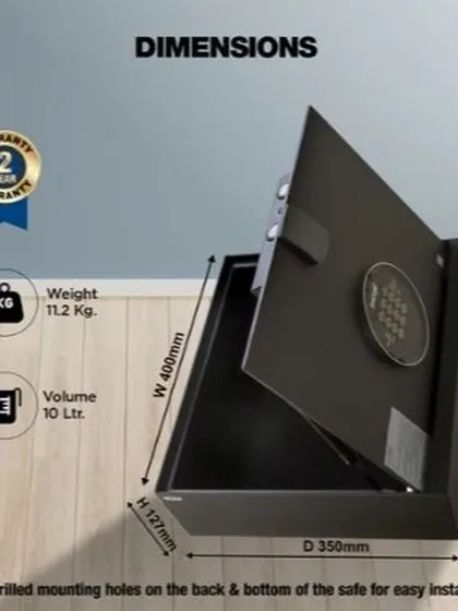This image reiterates the dimensions and specifications of the 10-litre cabinet safe, emphasizing its 2-year warranty and compact size.