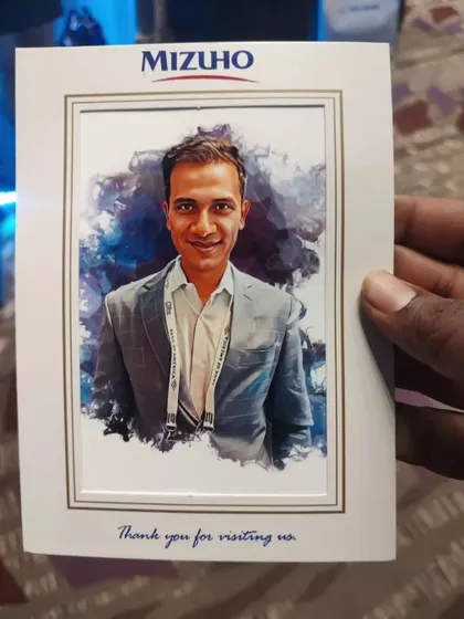 A repeat of the Mizuho digital caricature, emphasizing its effectiveness as a premium giveaway at conferences and trade shows. The custom branding and high-quality artwork leave a memorable impression on clients and partners.