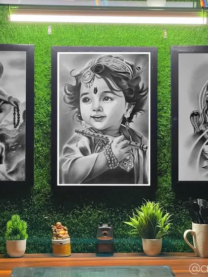 A wall display featuring three of my framed charcoal sketches: Lord Hanuman, Shri Krishna, and Lord Shiva. This shows how my art can be curated to create a beautiful spiritual corner in your home.