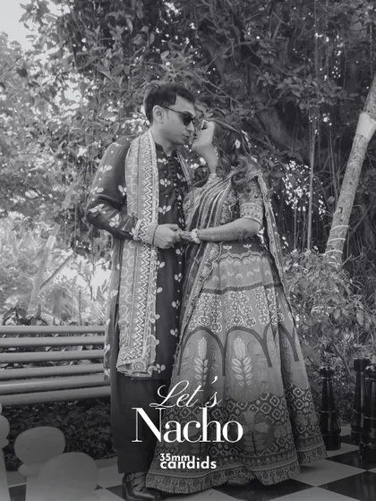 "Let's Nacho." A black and white shot of the couple sharing a kiss amidst the celebration, capturing a moment of intimacy within the party's energy.