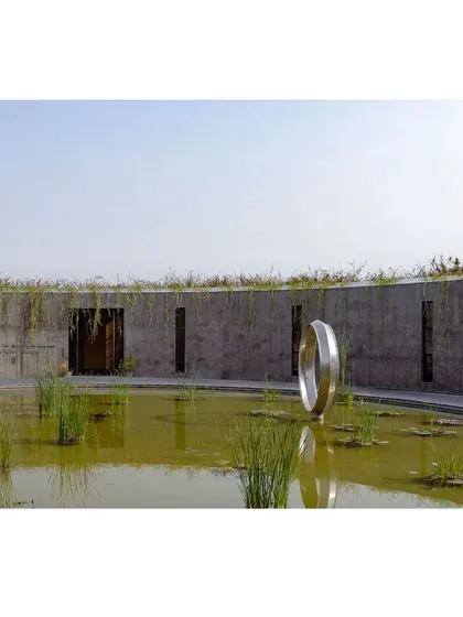 A close-up of the bio-pond within the sunken court, with a metallic ring sculpture at its center. The inclusion of water and native plants is a critical part of my biophilic design philosophy.