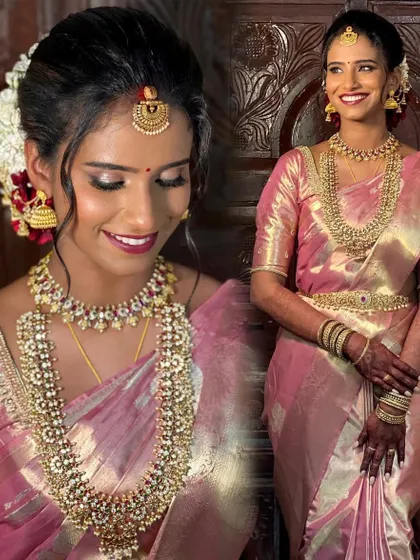 A collage showing the beautiful details of this bride's reception look. Her shimmering pink saree and kundan jewellery create a soft, romantic vibe.