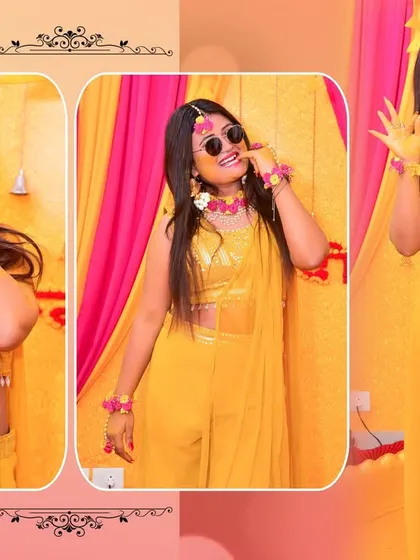 A series of fun and quirky poses from the bride during her Haldi photoshoot. We encourage you to be yourself while we capture the memories.