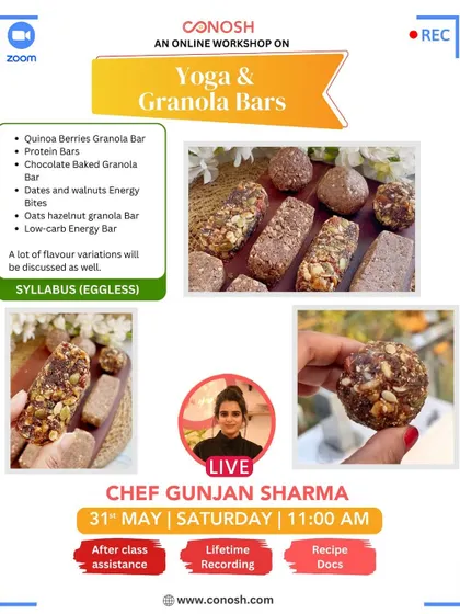 Fuel your body with my Yoga & Granola Bars workshop. I teach you how to make a variety of eggless energy bars, including protein bars, quinoa berry bars, and low-carb options.