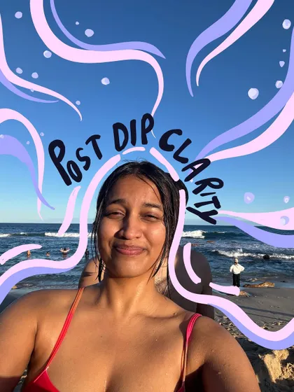 That post-dip clarity feeling. I added some wavy, water-like doodles around my face to capture the refreshing moment.