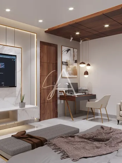 This bedroom design combines a comfortable bed with a functional workspace. The material palette of white marble, warm wood, and soft grey fabrics creates a look that is both productive and peaceful.