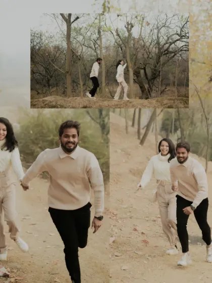 A dynamic collage of Rahul and Priyanka running and walking through a forest path. These action shots convey a sense of journey and adventure in their love story.