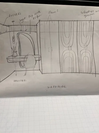 This is a concept sketch for a custom wardrobe and dresser unit. We map out every detail, from the curved door panels and louvers to the integrated lighting, ensuring the final piece is both beautiful and highly functional.