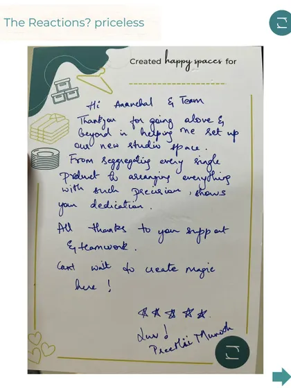 The reactions from our clients are priceless. This handwritten note from our makeup studio project is a testament to the positive impact of our work.