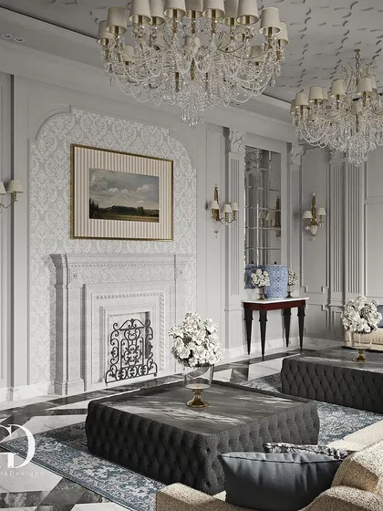 A detailed shot of the fireplace and surrounding wall treatment. The intricate, low-relief plasterwork adds a subtle layer of texture and historical reference, elevating the entire room.