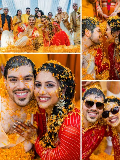 A collage of a couple's fun-filled Haldi ceremony, capturing their laughter and playful interactions while being covered in flowers.