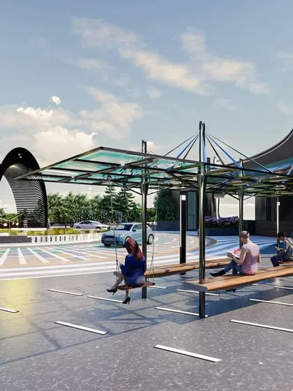 A rendering of a futuristic bus stop and public seating area, showcasing our work in designing functional and aesthetically pleasing urban furniture.