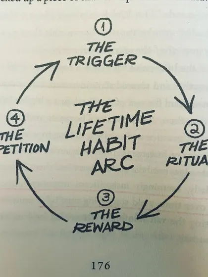 An excerpt from "The 5 AM Club" on the Lifetime Habit Arc. Understanding the cycle of trigger, ritual, reward, and repetition is key to building sustainable habits.
