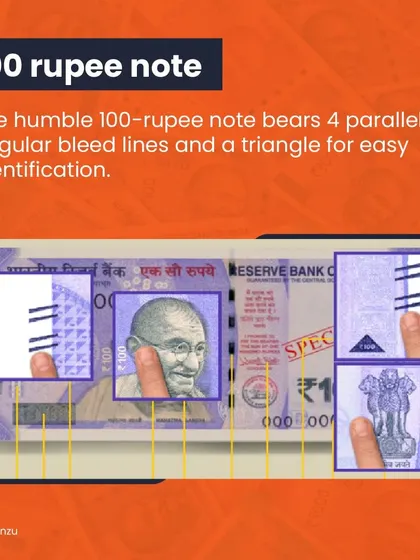 The 100-rupee note has four parallel, angular bleed lines and an embossed triangle to help distinguish it by touch.