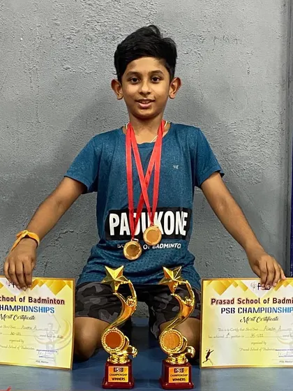 Another one of our champions, Agastya, with his winner's trophies from the PSB Championships. His hard work in our JP Nagar center is clearly paying off on the court.