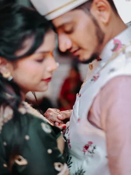 An intimate close-up shot of an engaged couple, focusing on their connection.