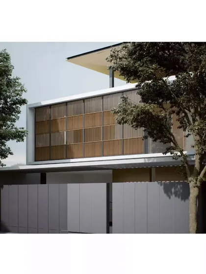 A render of the Aakiri Residence, showcasing a modern facade with a prominent wooden screen. This element provides shade and privacy for the upper floor while adding a warm, natural texture to the building's exterior.