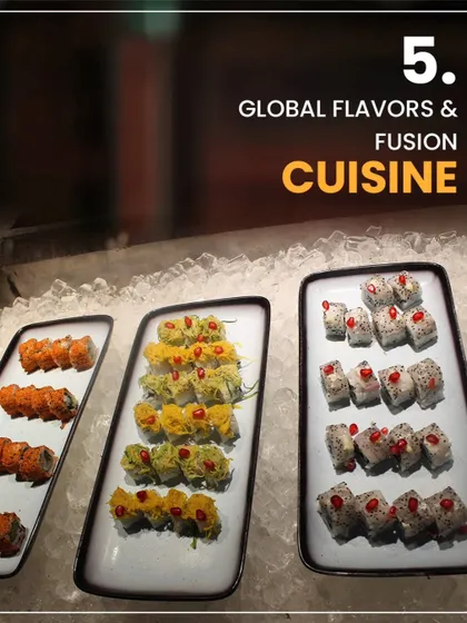 We embrace global flavours and fusion cuisine. Our vegetarian sushi station, with a variety of colourful rolls on a bed of ice, is a perfect example of our innovative menu.