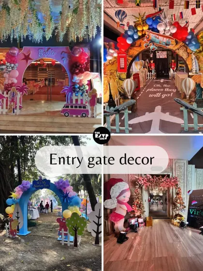 A collage showcasing some of my favorite entry gate decor, from tropical and travel themes to whimsical forest entrances.