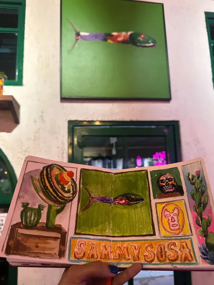 My sketchbook collage held up against the artwork that inspired it at Sammy Sosa restaurant. It's fun to see the inspiration and the interpretation side-by-side.