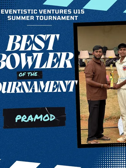 Pramod is awarded Best Bowler of the Tournament for his pace, precision, and wicket-taking ability in the U15 Summer Tournament.