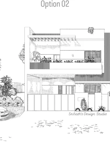 This is "Option 02," an alternative elevation sketch for the same client. This concept explores a different roofline and balcony structure, demonstrating the flexibility in the early stages of the design process.