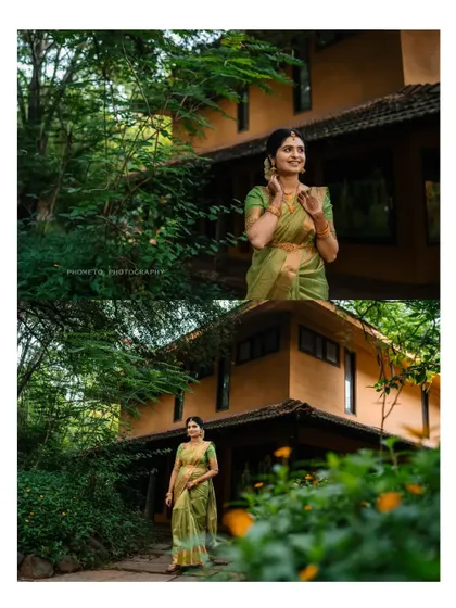 A collage of the bride's solo portraits, showcasing her grace and the beautiful, natural environment.
