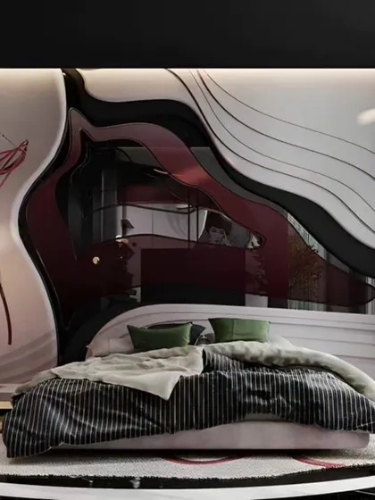 A truly unique, artistic bedroom with a custom-designed, fluid headboard that becomes a piece of sculptural art.