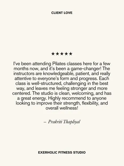 "It's been a game changer!" We're so grateful for clients like Prakriti Thapliyal who appreciate our knowledgeable instructors, clean studio, and challenging yet welcoming classes.