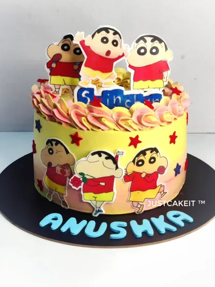 A simple and sweet Shinchan-themed cake. The design uses printed edible toppers to capture the character's funny expressions.