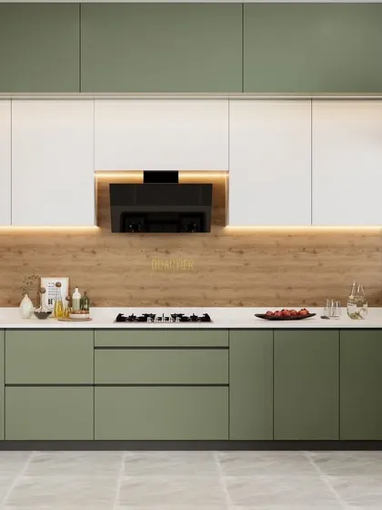 A wide view of the pastel green modular kitchen render. The L-shaped layout provides ample counter space, and the combination of green lower cabinets and white upper cabinets creates a light and airy feel.