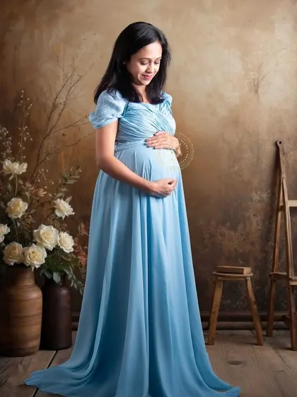 A soft and gentle solo portrait in our studio. The rustic props and the mom-to-be's serene expression create a peaceful and beautiful image.