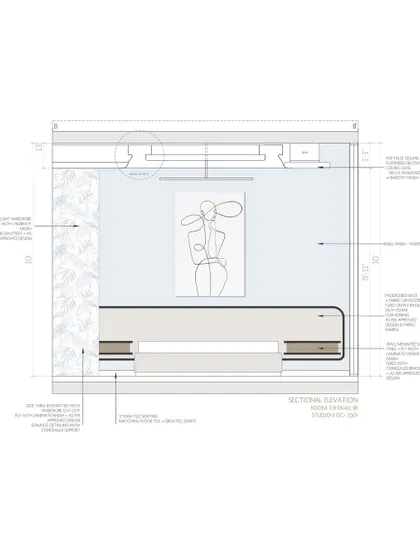 This annotated sectional elevation provides specific details for fabrication, including materials, finishes, and dimensions for a custom media unit and wall paneling. These drawings are the language we use to translate a concept into reality.